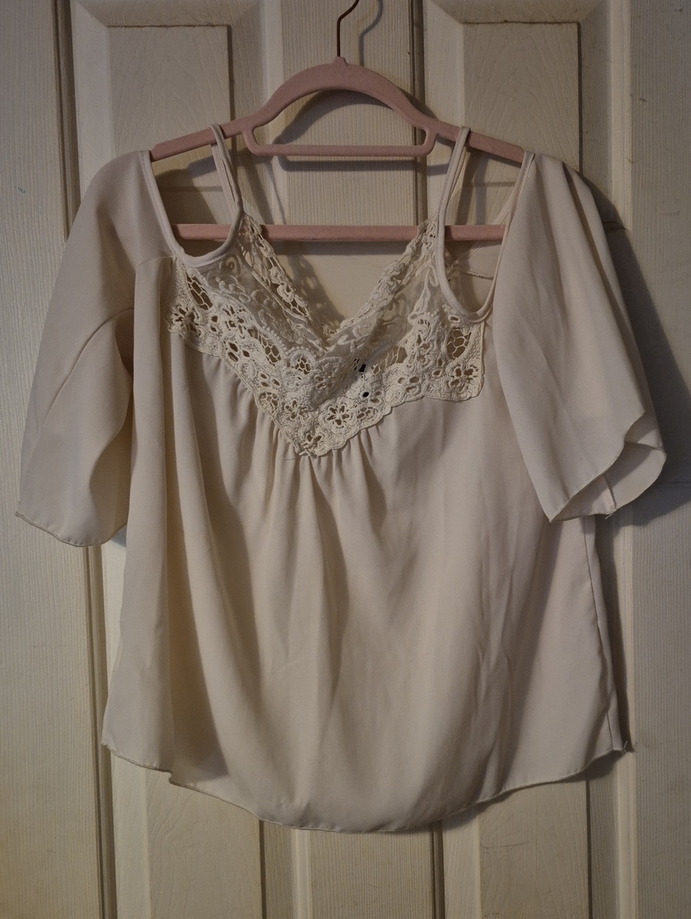 mittoshop Cream Lace-Trim Cold Shoulder Blouse